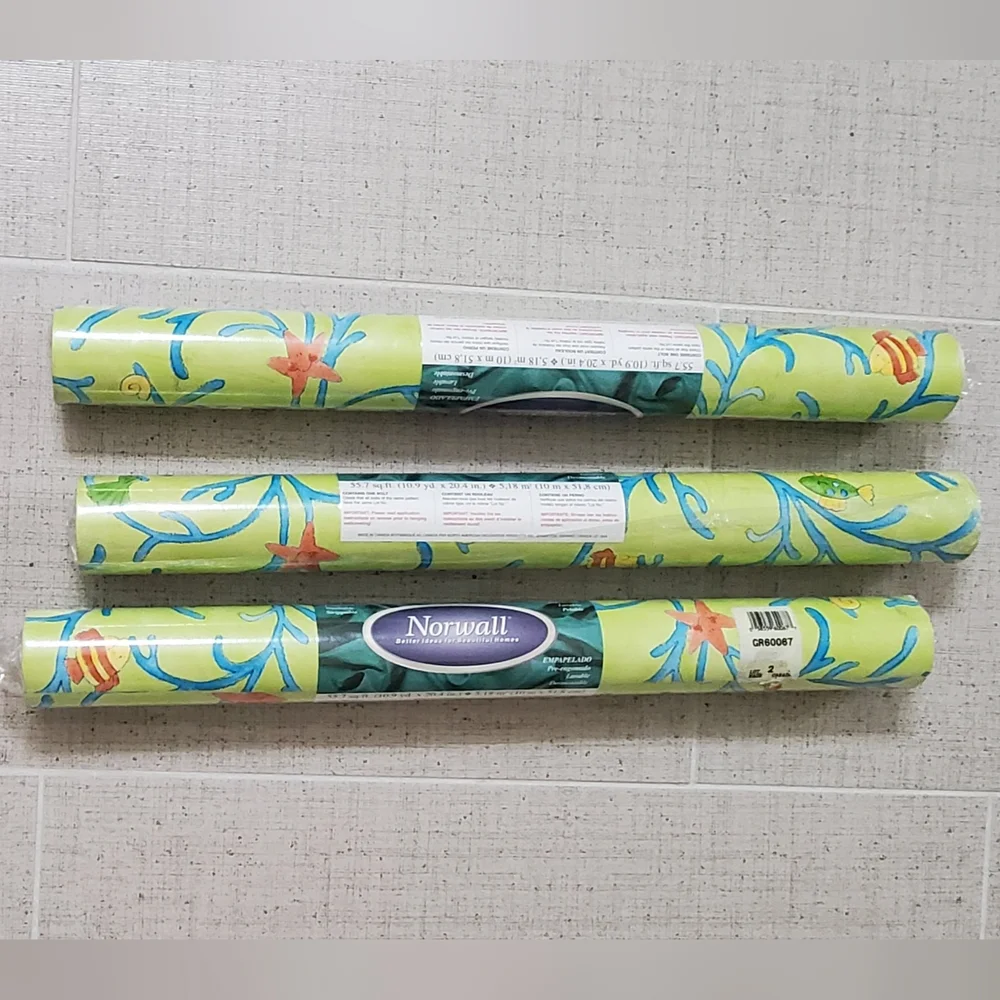 Vintage Norwall 3 Rolls 55.7sq.ft. Each, Lime/Blue Ocean Fish Wallpaper, NWT